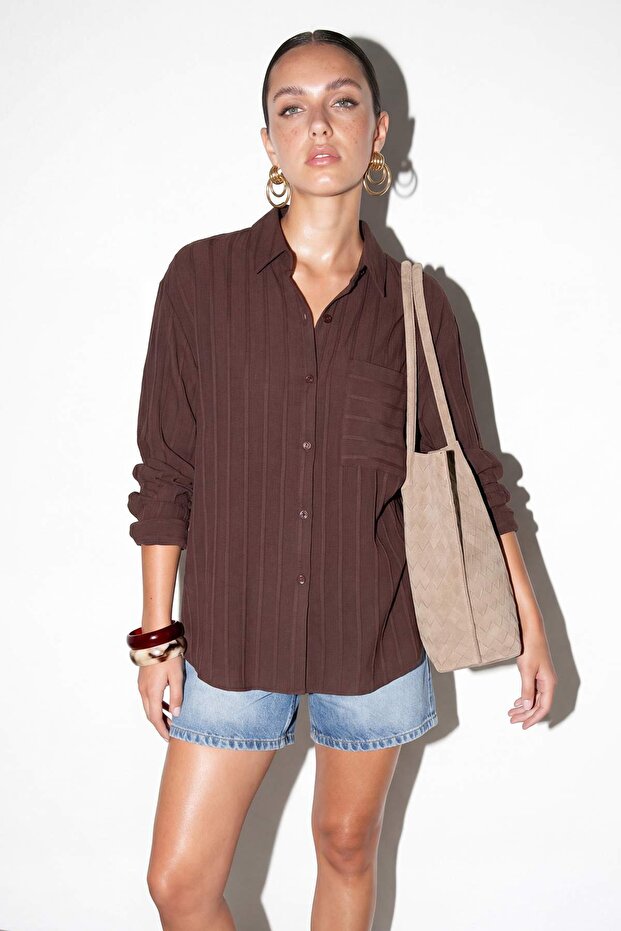 Kahverengi Cepli Oversize Tunik Gömlek TDRSS26GO00083 - 3
