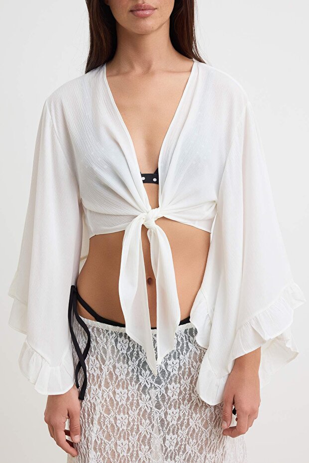 Plaj Crop Giyim Ekru Dokuma Volanlı Bluz TBESS19BB0095 - 3