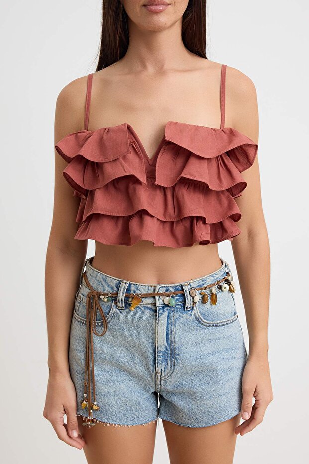 Kahverengi Dokuma Fırfırlı Plaj Crop Bluz TBESS21BZ0661 - 3