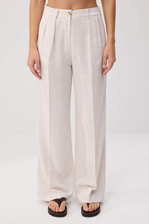 Bej Nervürlü Wide Leg/Geniş Paça Pamuk Keten Dokuma Pantolon TWOSS24PL00062 - 3