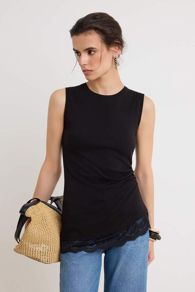 Black Plain Fitted/Body-Fitting Lace Detailed Asymmetrical Stretch Knitted Blouse Twoss26El01176