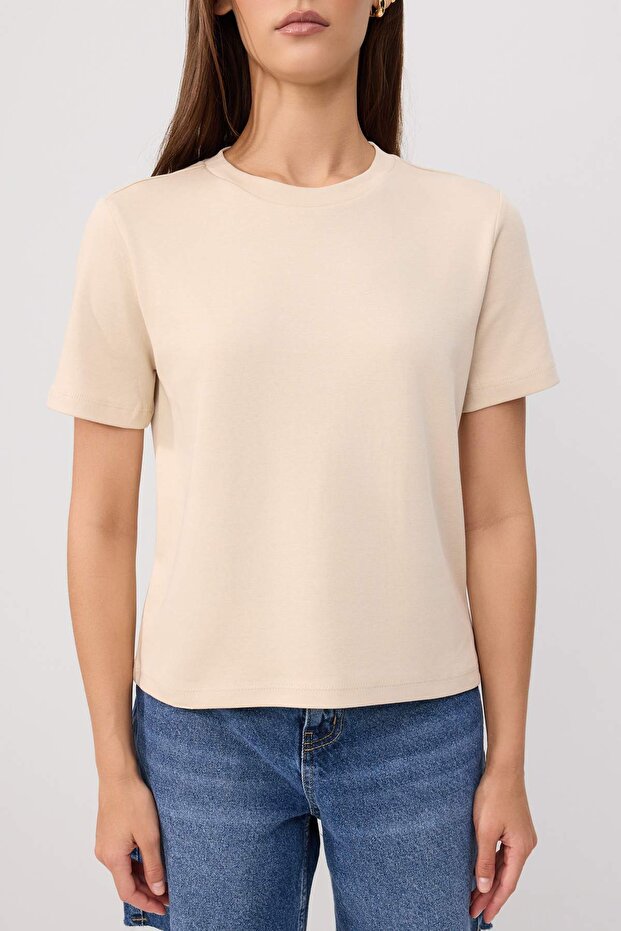 Taş-Kahverengi Kalın Pamuklu Tok Kumaşlı Regular Kesim Örme T-Shirt Örme T-Shirt TWOSS26TS00302 - 3