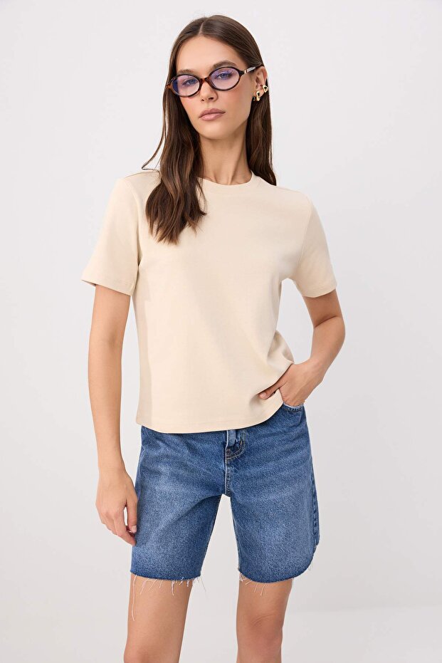 Taş-Kahverengi Kalın Pamuklu Tok Kumaşlı Regular Kesim Örme T-Shirt Örme T-Shirt TWOSS26TS00302 - 2