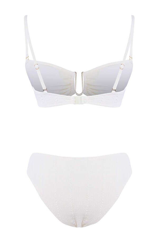 Ekru Straplez Kaplı Dokulu Aksesuar Detaylı Düşük Bel Brazilian Bikini Takımı TBESS26BT00136 - 7