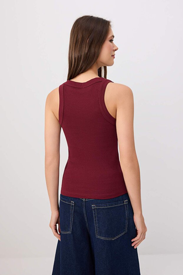 Kahverengi-Bordo Fitted/Vücuda Oturan Kalın Askılı Fitili Pamuklu Esnek Örme Atlet TWOSS26AL00121 - 4