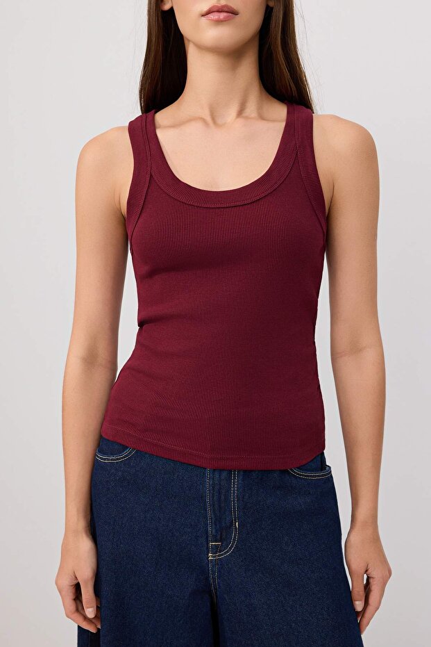 Kahverengi-Bordo Fitted/Vücuda Oturan Kalın Askılı Fitili Pamuklu Esnek Örme Atlet TWOSS26AL00121 - 3