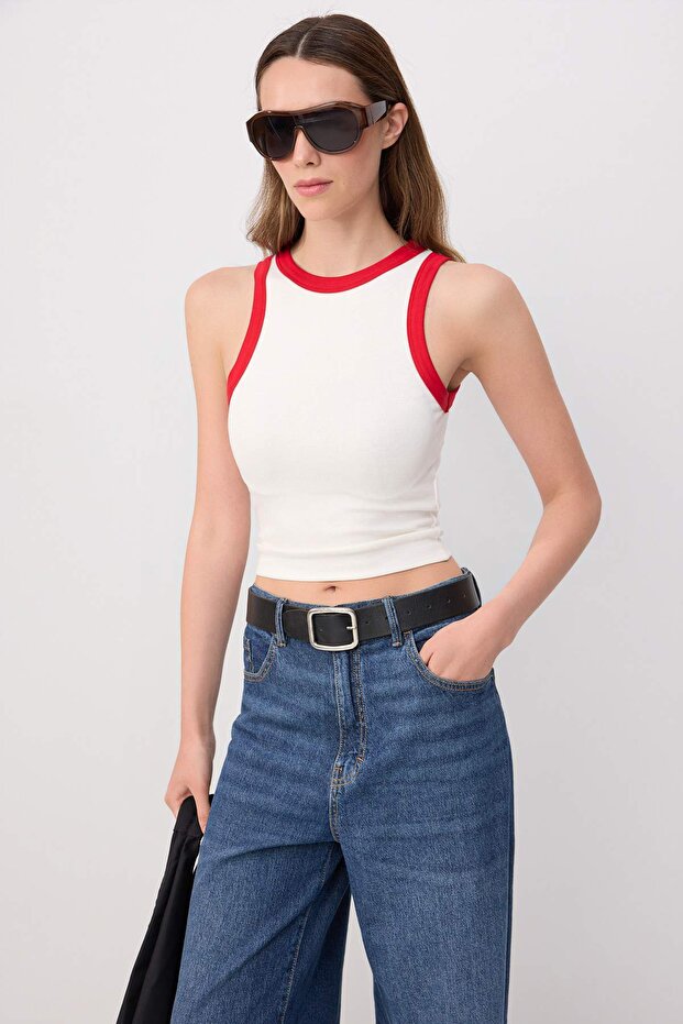Ekru Fitted/Vücuda Oturan Kolsuz Crop/Kısa Yumuşak Örme Atlet TWOSS26AL00114 - 1