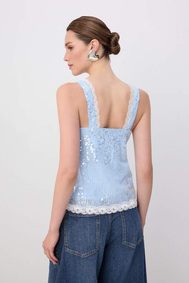 Açık Mavi Payet Dantel Detaylı Party Bluz TPRSS26BZ00099 - 4