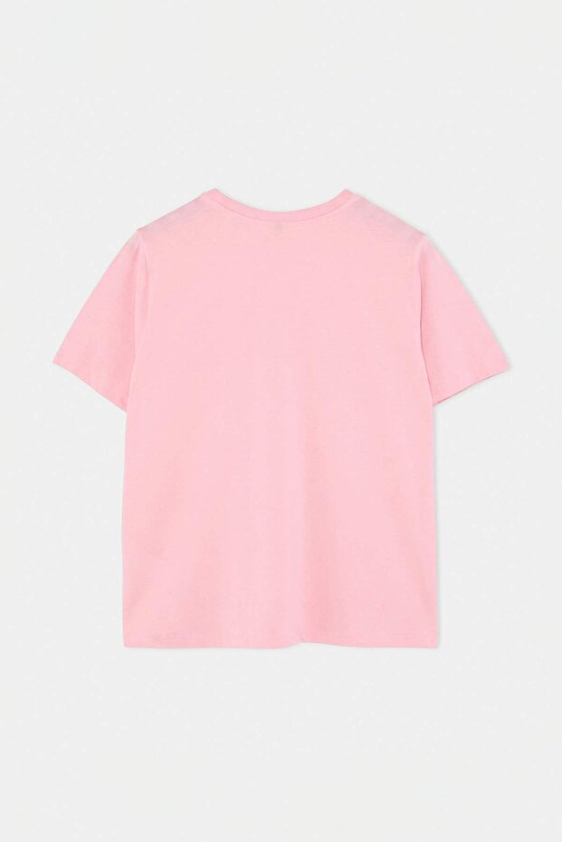 Pembe Bisiklet Yaka Taş Baskılı Örme Büyük Beden T-shirt TBBSS26BF00051 - 3