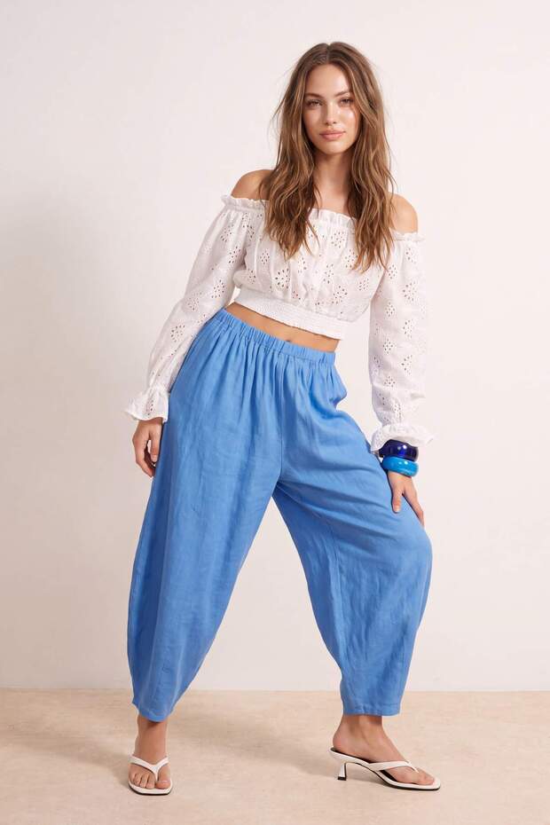 Beyaz Pamuklu Brode Omzu Açık Crop Dokuma Bluz TWOSS25BZ00169 - 2