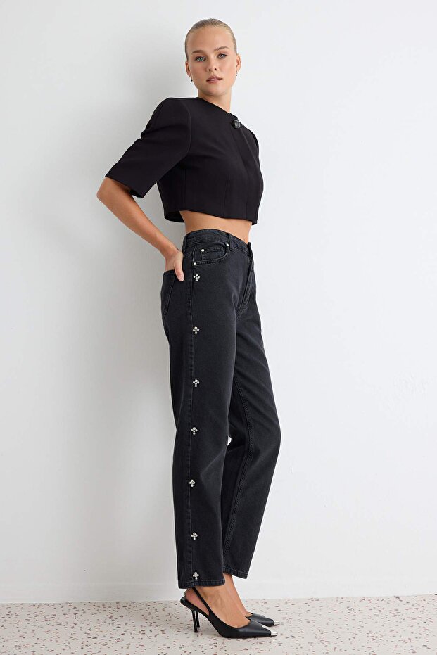Siyah Taşlı Yüksek Bel Mom %100 Pamuk Non-Stretch Jeans TWOAW25JE00255 - 1