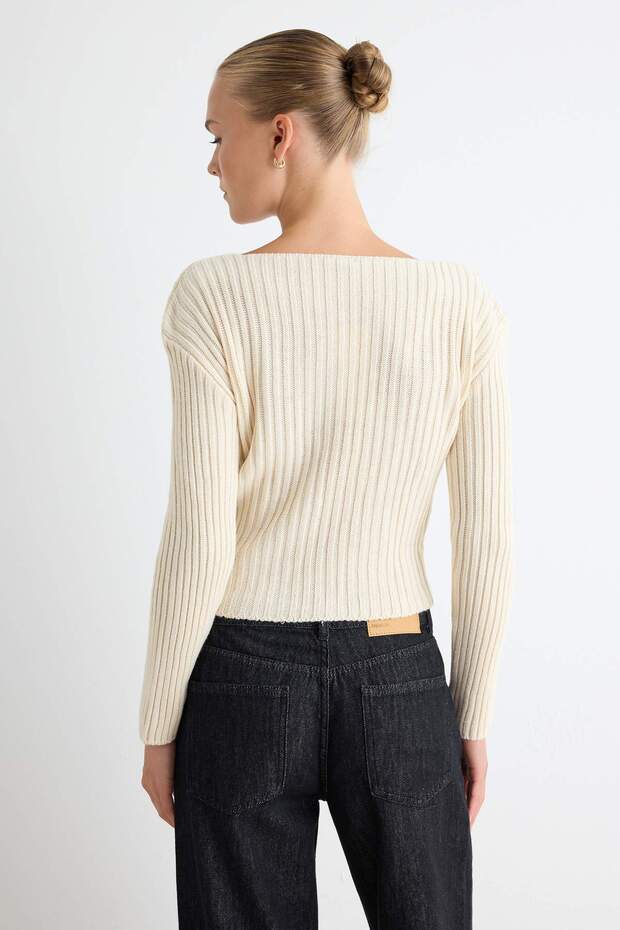 Ekru Crop Basic V Yaka Triko Kazak TWOAW24KZ01214 - 4