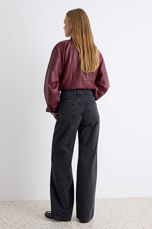 Antrasit Yüksek Bel Wide Leg Geniş Paça %100 Pamuk Non-Stretch Jeans TWOAW24JE00089 - 5