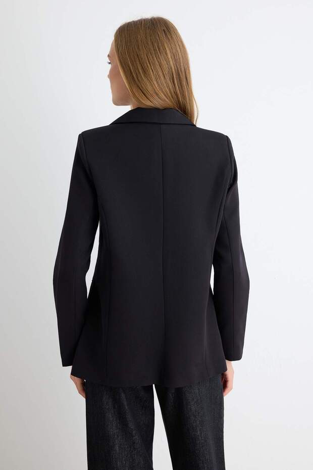 Siyah Regular Astarlı Düğmeli Dokuma Blazer Ceket TWOAW22CE0168 - 4