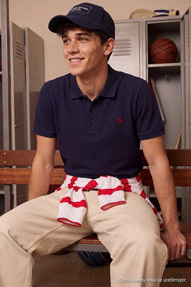 Lacivert Regular/Normal Kesim At Nakış Detaylı Polo Yaka T-shirt TMNSS25PO00017 - 2