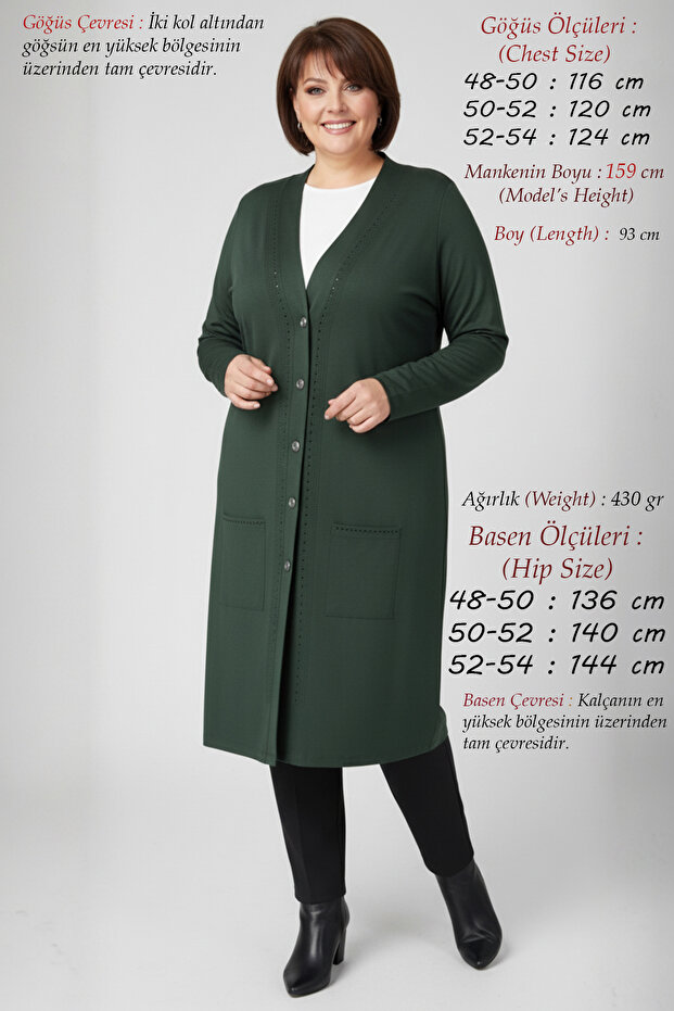 Plus Size Women's Summer Viscose Anti-Sweat Combed Cotton Long Khaki Mother Tunic Stone-Studded Cardigan