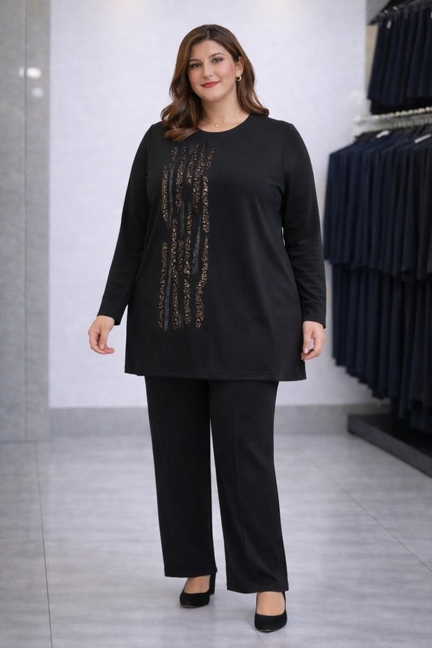 Women's middle-aged and older plus size stone embellished mother's tunic and pants set 1425
