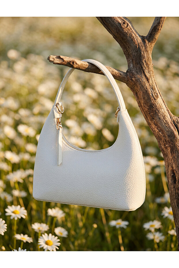 Zippered Faux Leather Oval Handbag with Metal Accessories