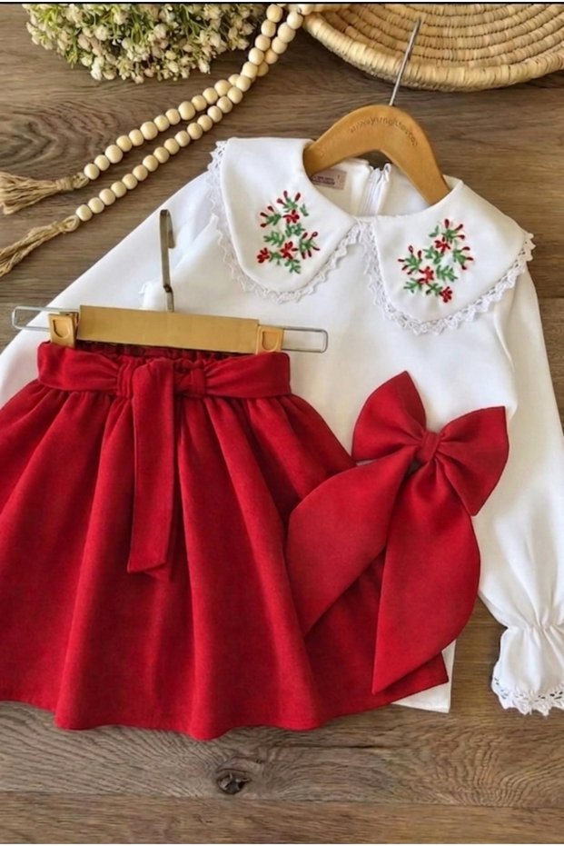 Girl's Red Skirt and White Embroidered Shirt Set | Stylish Combination | Special Day & Holiday 2-Piece Set