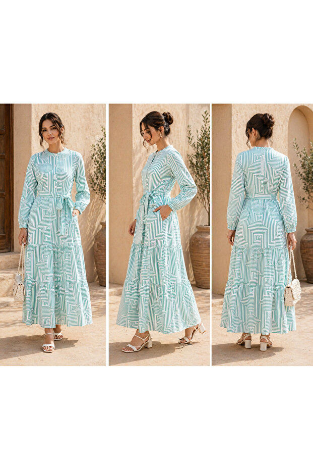 Mint Green & White Geometric Printed Tiered Dress