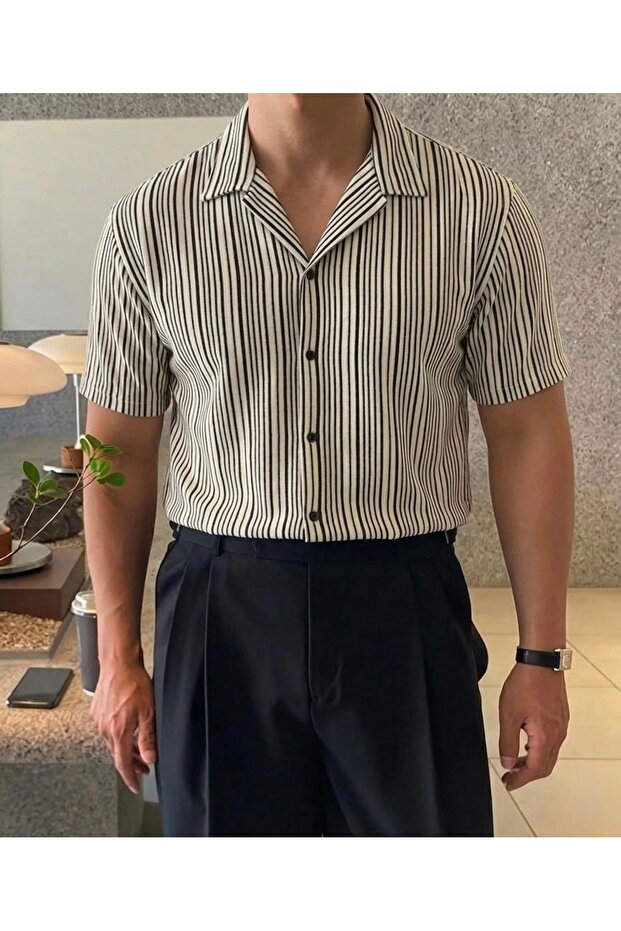 Men's Short Sleeve Shirt Black Striped Regular Full Fit Relaxed Cut