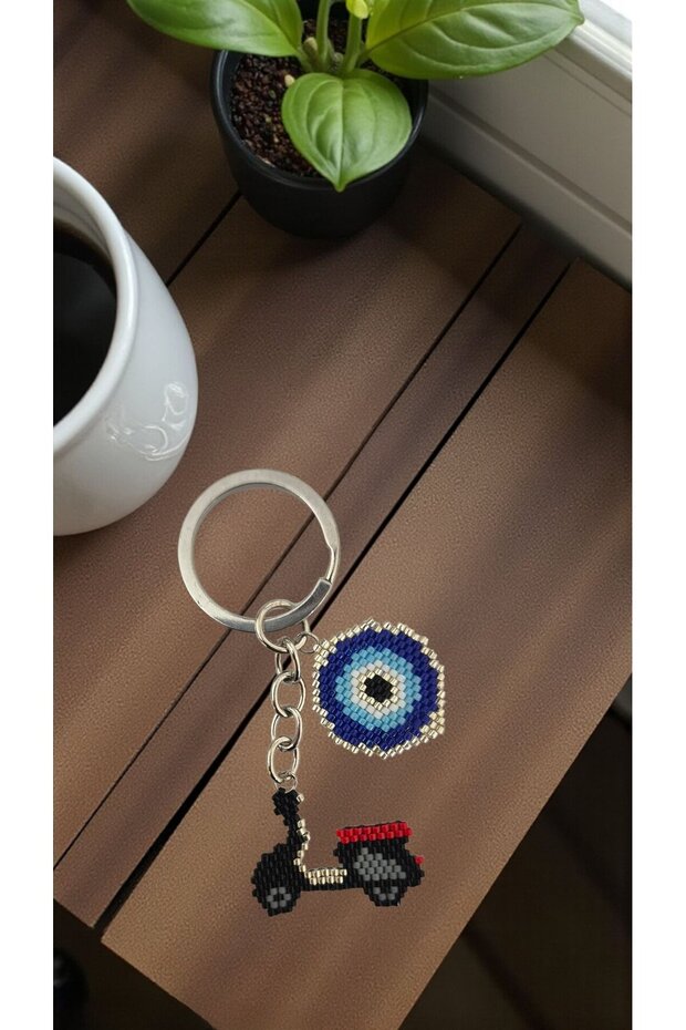 Miyuki Beads Handmade Evil Eye Beads and Red Motorcycle Keychain/Bag Charm