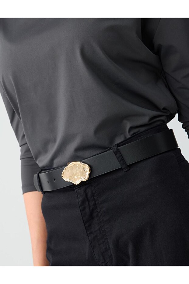 Black Leather Look Shiny Metal Buckle Belt