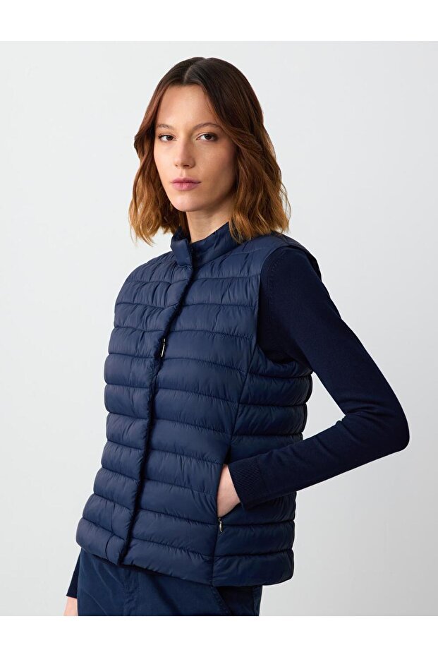 Navy Blue Zippered Sleeveless Puffer Vest with Snap Detail