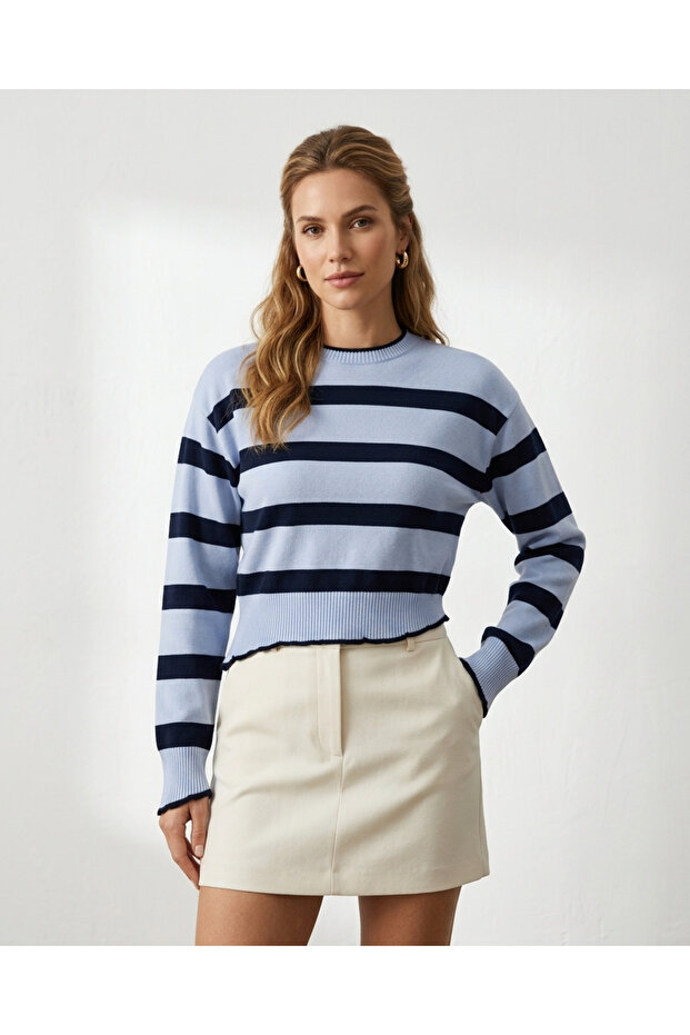 Women's Blue Navy Striped Crop Knit Sweater - Crew Neck Lettuce Edge