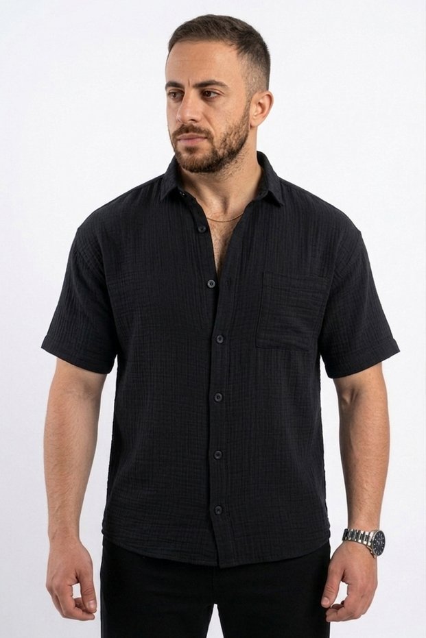 Men's Short Sleeve Shirt Classic Lapel Pocket Breathable Muslin Fabric Casual Summer Comfortable Shirt