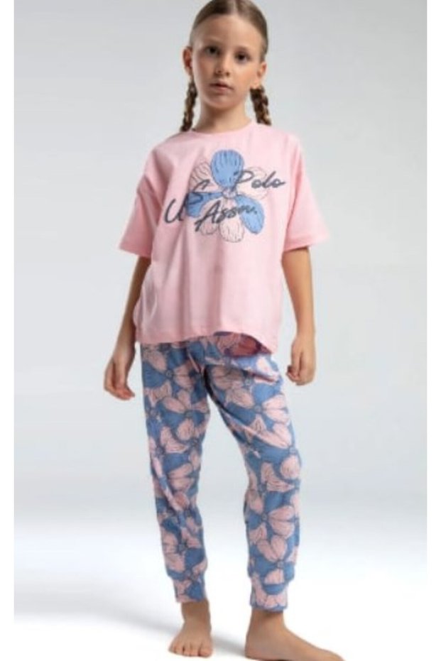 U.S. Polo Assn. Girl's Floral and Text Print Detailed Patterned Long Bottom Pajama Set 4-8 Years Salmon