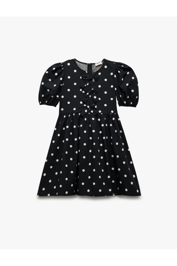 Cotton Balloon Sleeves Round Neck Ribbon Detail Polka Dot Dress