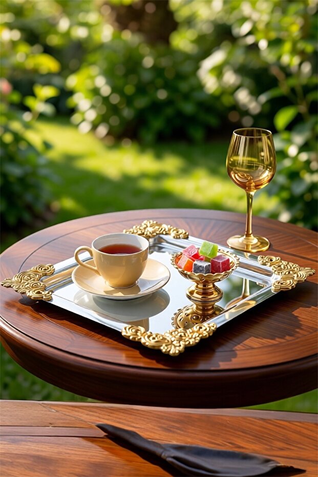 Silver Gold Detailed 18/10 Steel Coffee Presentation Tray 1 Piece