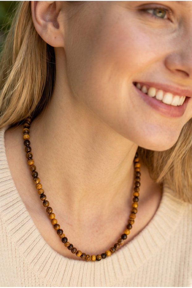 Tiger Eye Natural Stone Necklace (Power, Courage and Money) 6 Mm
