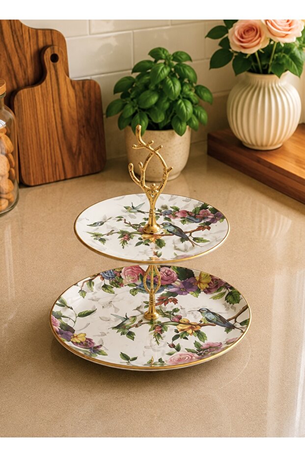 11 Piece Bird Patterned Ceramic Cake Presentation Plate Set - 5