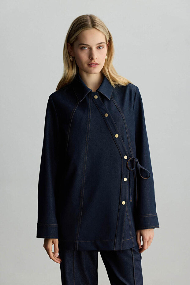 Dark Blue Asymmetric Denim Jacket with Closure