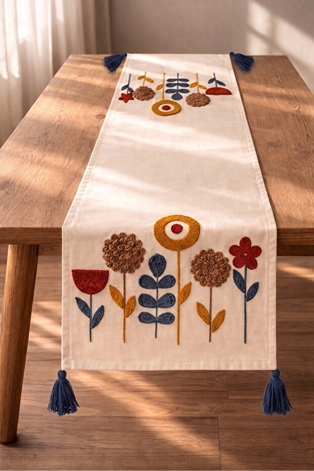 100% Cotton Linen Bohemian Punch Embroidered Table Runner – 40X 130 Elegant and Natural Tablecloth
