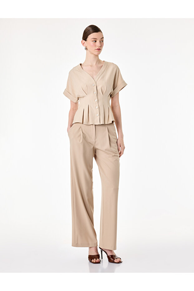 Buttoned Sleeveless Waist-Fitted Pleated Detailed V-Neck Striped Shirt