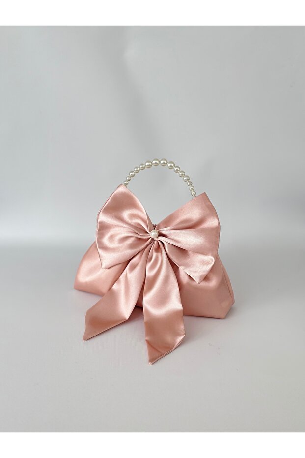 Powder Shiny Satin Bowknot Pearl Clutch Evening Dress Handbag