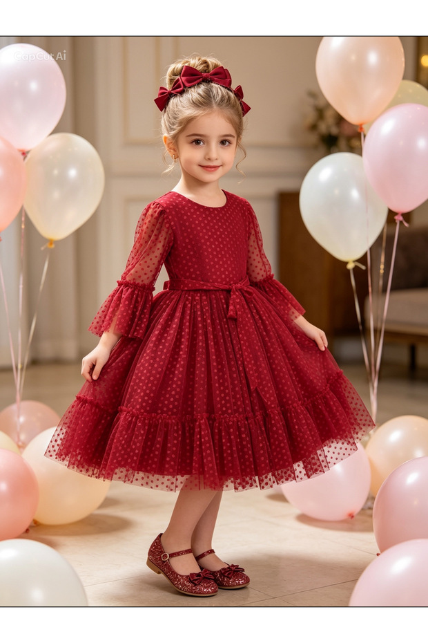 Girl's Layered Tulle Sleeves Bow Detailed Special Occasion Dress