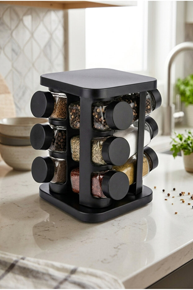 12-Piece Square Spice Rack Set with 360 Degree Rotating Stand 140 ml S-718
