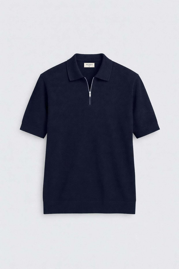 Navy Blue Comfort Slim Zippered Men's Knitwear T-Shirt