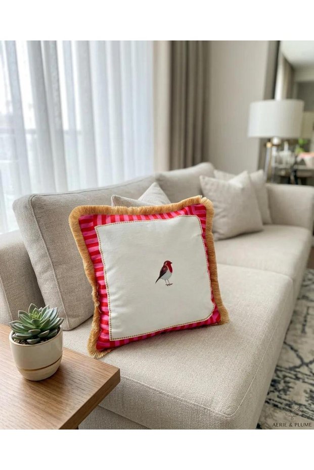 Bird Embroidered Striped Tassel Luxury Decorative Pillowcase