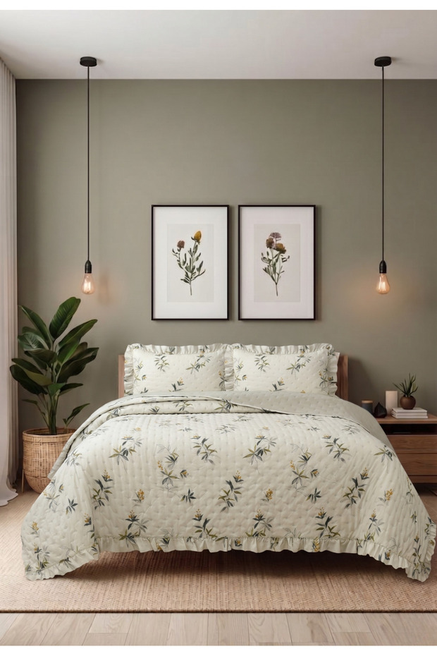Flowers Double Bedspread Set 240X260Cm - 100% Polyester Green White with Flounces and 2 Pillows