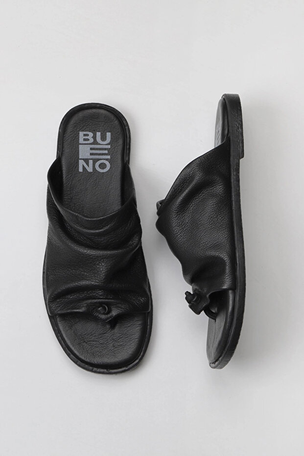 Black Leather Women's Flip Flops Slipper 01Wy2003