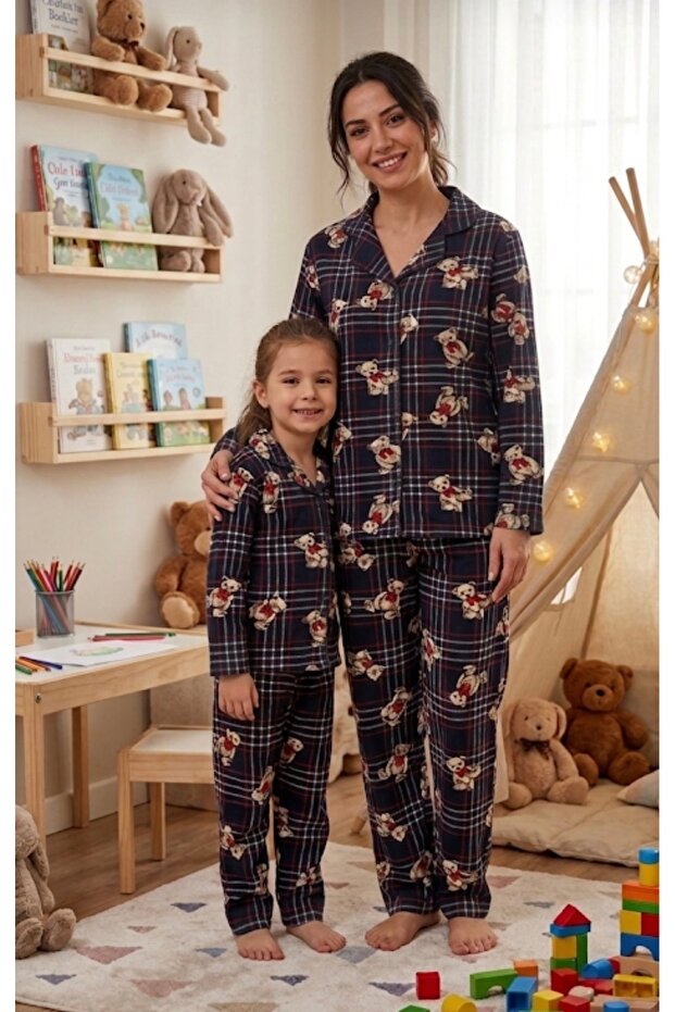 Cotton Suede Fabric Navy Blue Teddy Bear Patterned Shirt Collar Buttoned Pajama Set Suitable for Girl and Mother