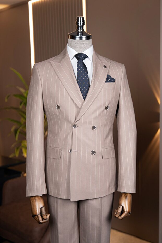 Exclusive Striped Double-Breasted Suit Mink