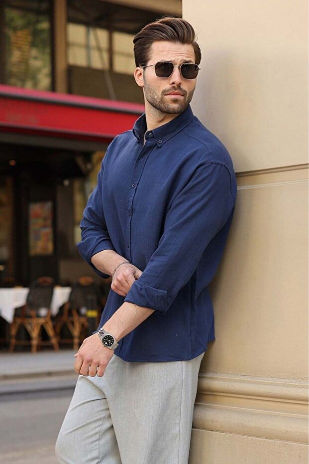 Navy Blue Basic 100% Cotton Long Sleeve Men's Shirt E6761