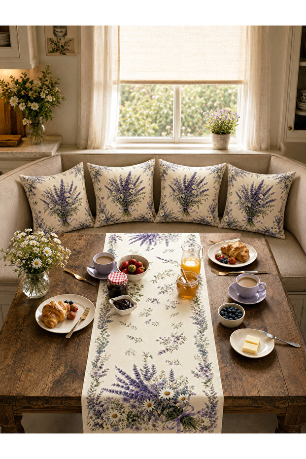 Lavender and Daisy Patterned Runner and Set of 4 Throw Pillow Covers Floral Decorative Pillow