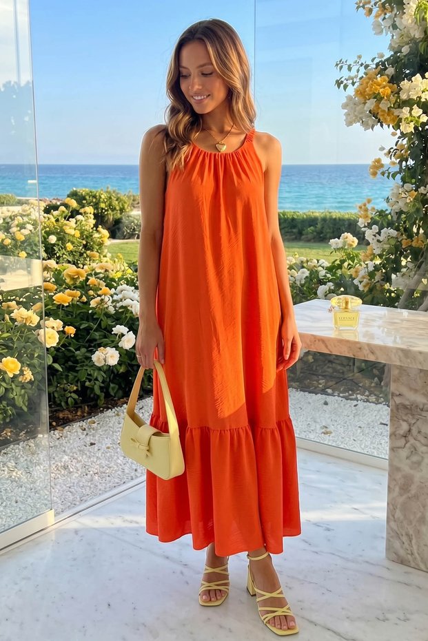 Women's Orange Gathered Wide Strap Skirt Ruffled Long Dress Arm-25Y001104